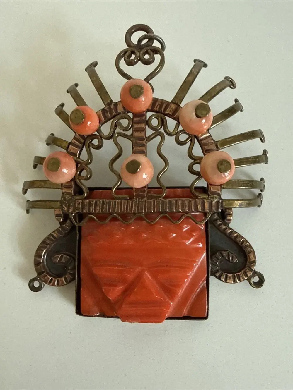 MCM Vintage Hand Made Copper Mayan Aztec Huge Agate pendant